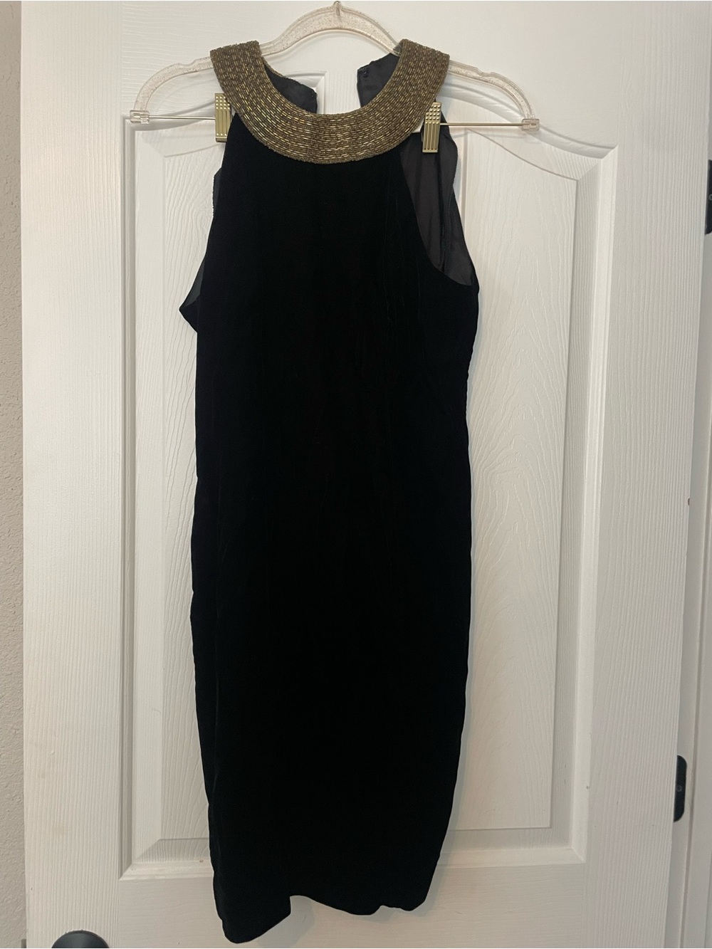 Alex Evenings vintage Black Velvet Midi Dress with Metallic Gold Beaded Collar